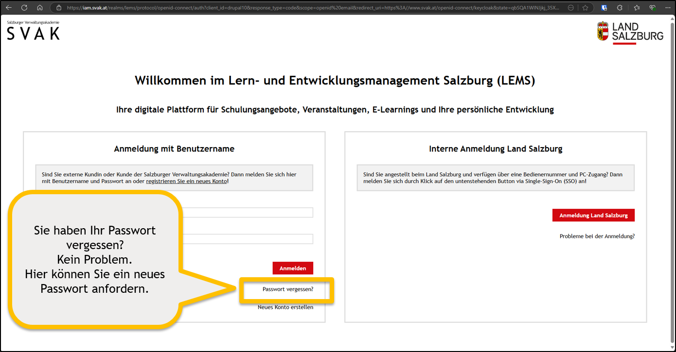 Anmeldeseite mit Anleitung, wo der Link zum Passwort-Rücksetzen zu finden ist